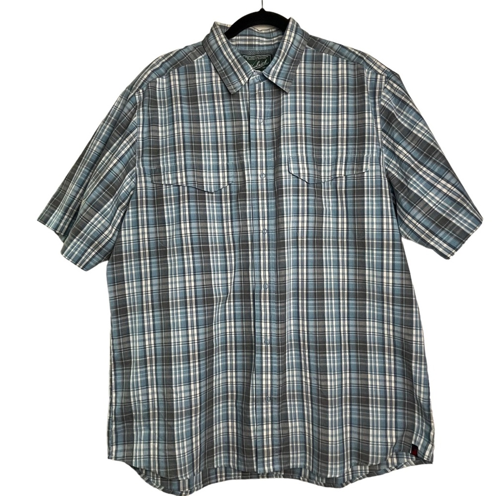 Woolrich Vented Fishing Shirt Mens SS Snap Up Blue Plaid Hunting Outdoor Sz L